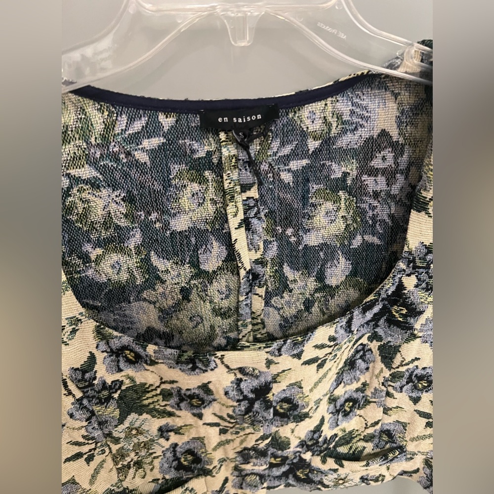 NEW En Saison Jacquard vintage fall floral green blue crop blouse - Picture 5 of 10